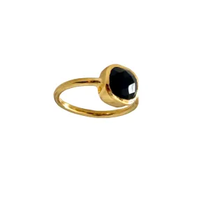 Faceted Square Cut Natural Gemstone Gold Plated Sterling Silver Solitaire Ring -Black Onyx