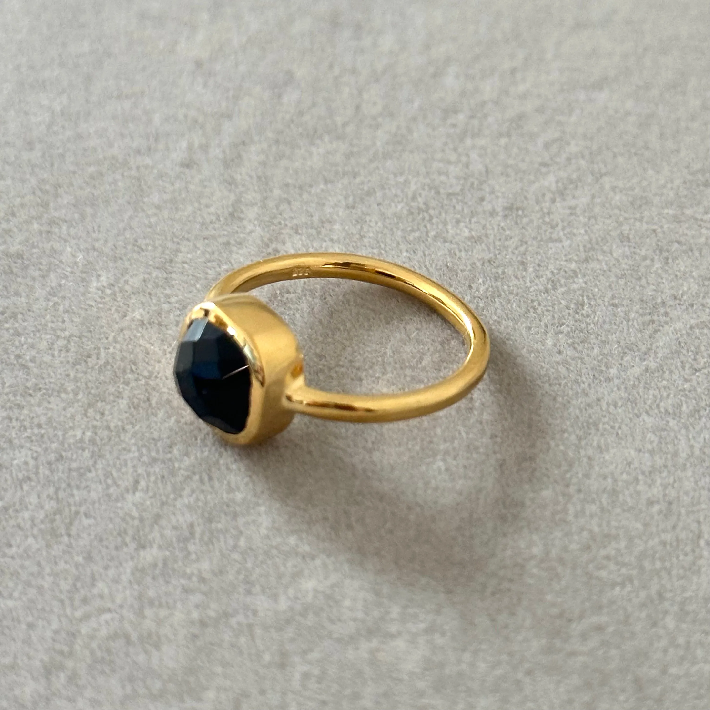 Faceted Square Cut Natural Gemstone Gold Plated Sterling Silver Solitaire Ring -Black Onyx
