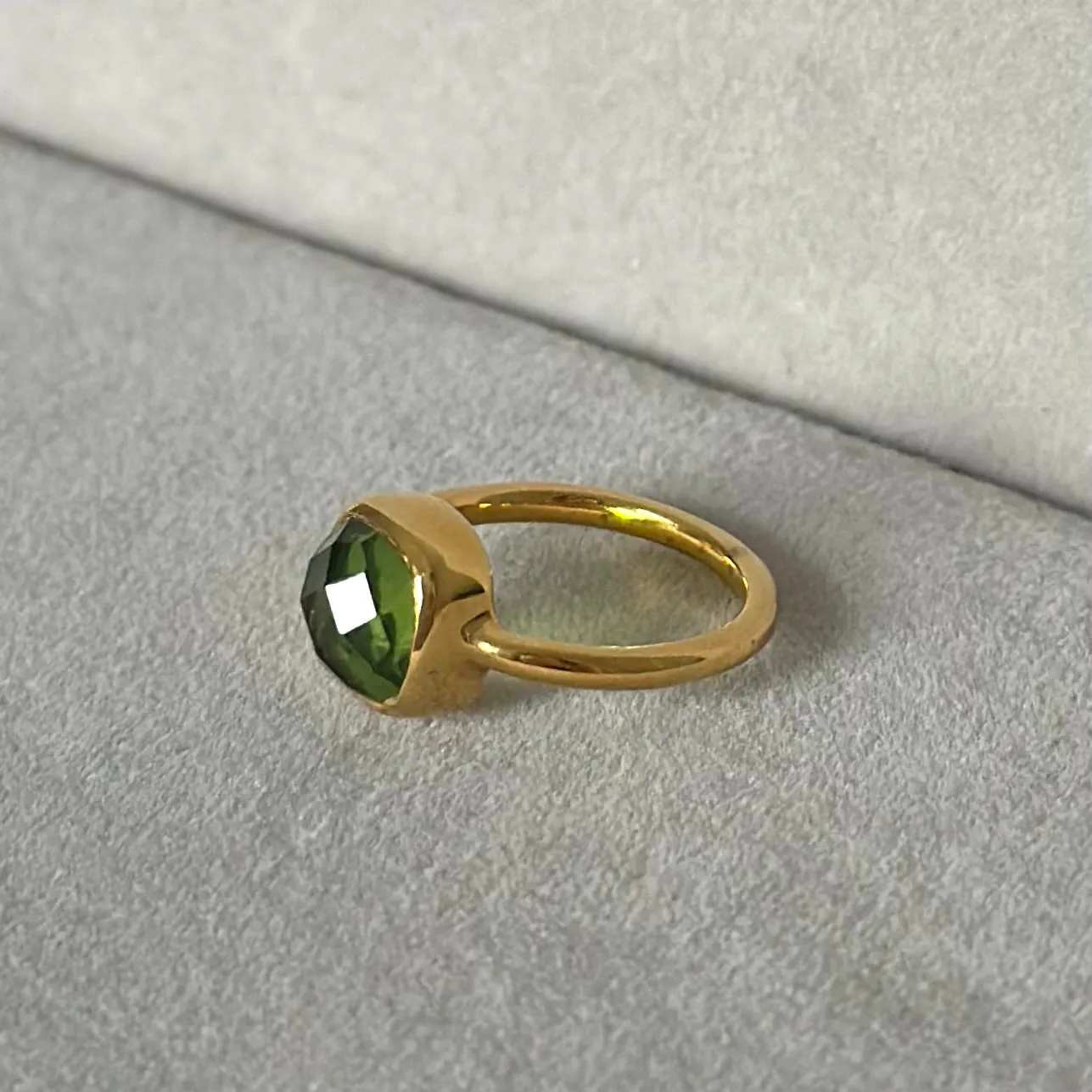 Faceted Square Cut Natural Gemstone Gold Plated Sterling Silver Solitaire Ring - Peridot