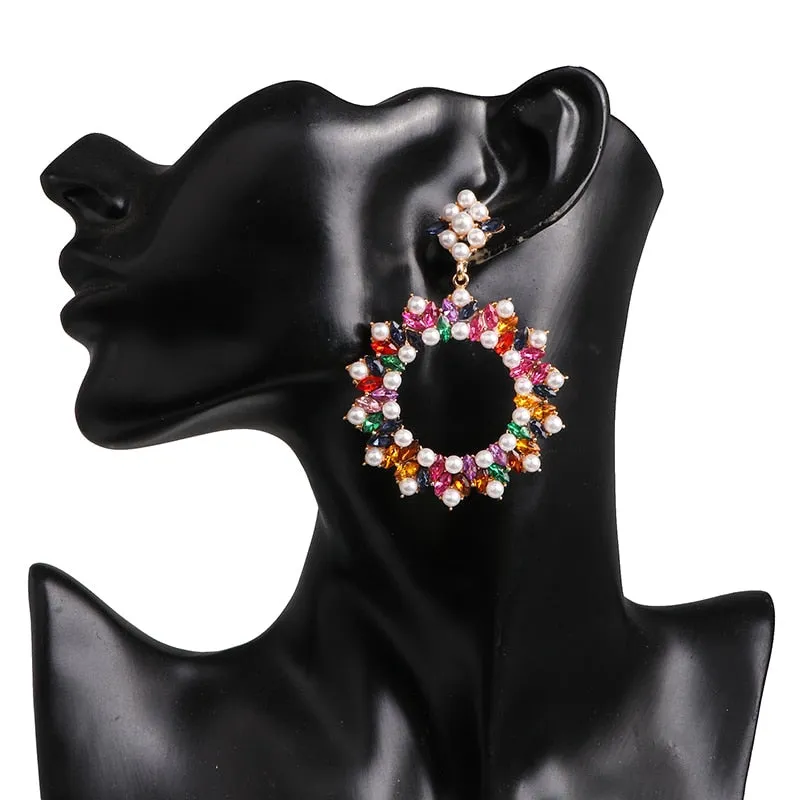 Fashion Multi Glass Rhinestone Round Dangle Earring Women