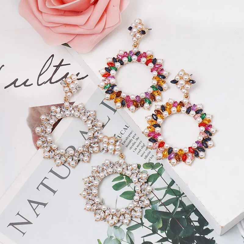Fashion Multi Glass Rhinestone Round Dangle Earring Women