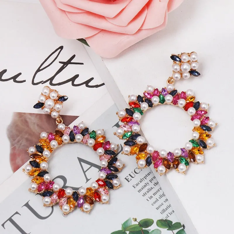 Fashion Multi Glass Rhinestone Round Dangle Earring Women