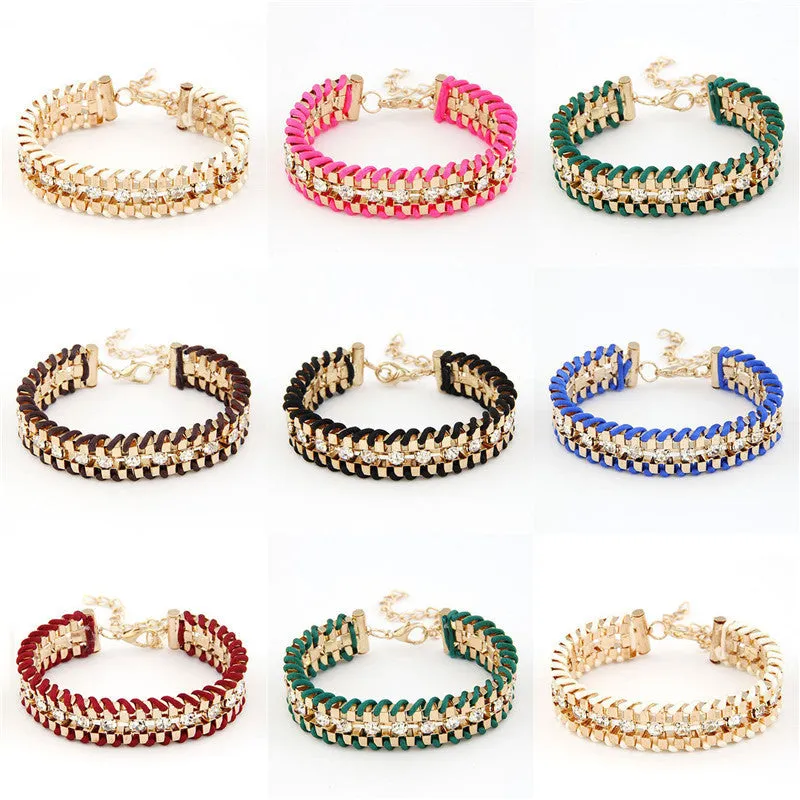 Fashion Retro Vintage Lady Alloy Metal Jewelry Braided Rope CZ Diamond Crystal Bracelets & Bangles Summer Style Jewelry