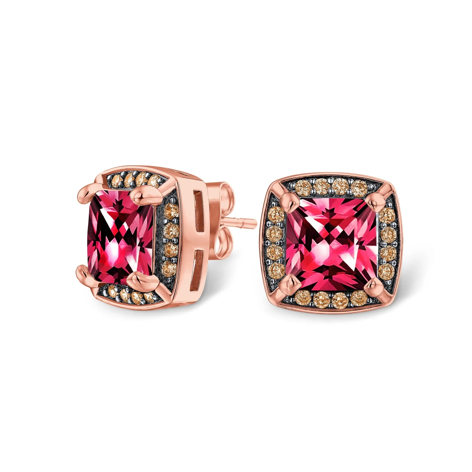 Fashion Square Cushion Cut CZ Stud Earrings Simulated Ruby Rose Gold Options