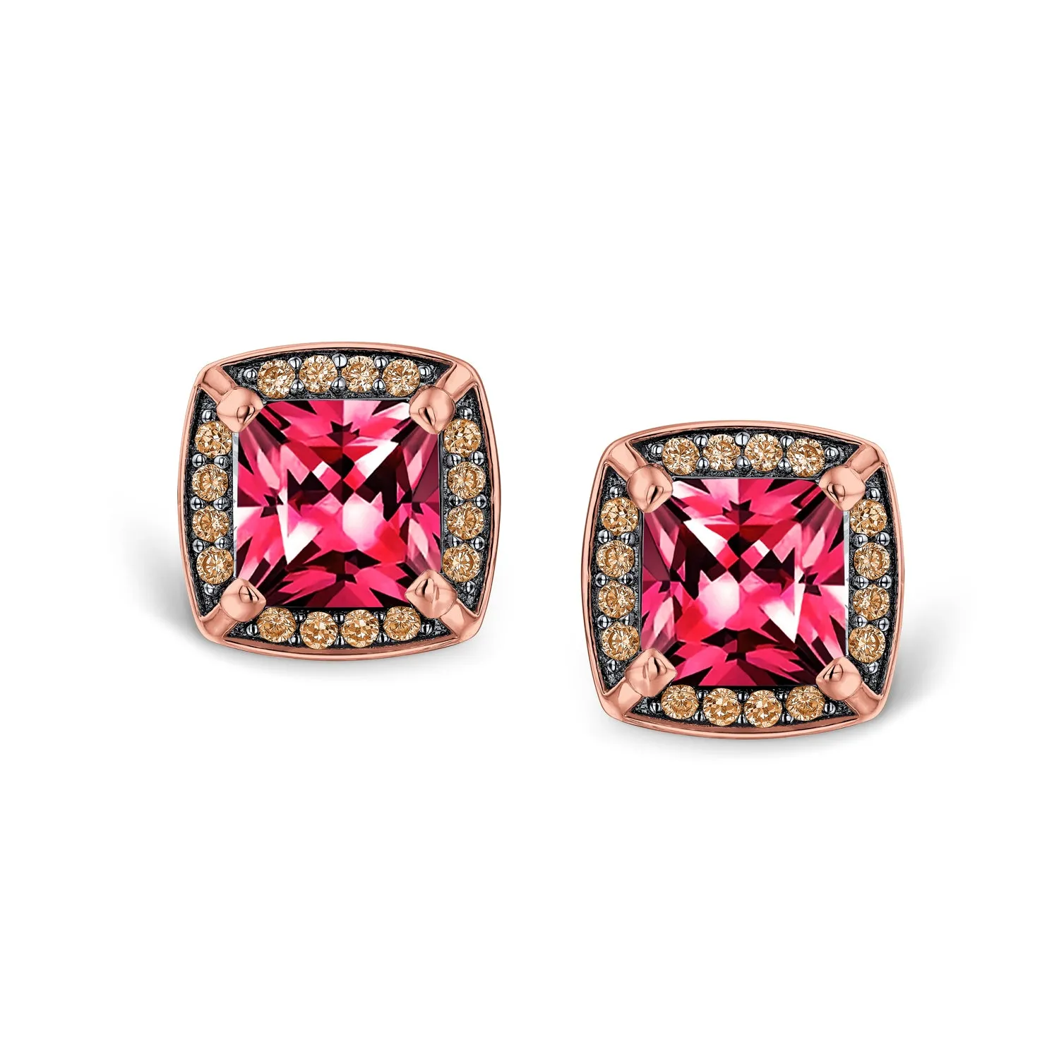 Fashion Square Cushion Cut CZ Stud Earrings Simulated Ruby Rose Gold Options