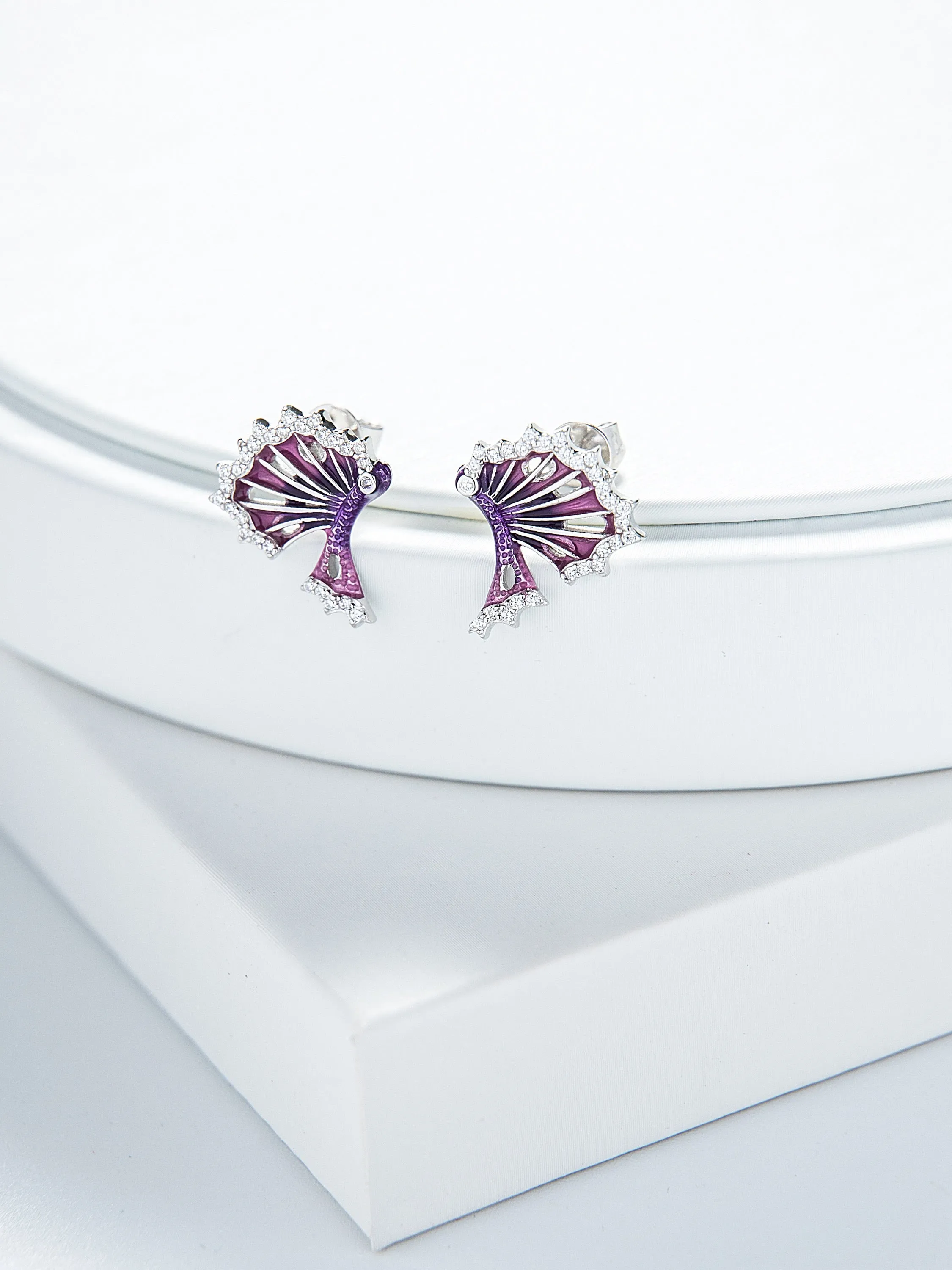 Fish Fin Purple Enamel Silver Stud Earrings