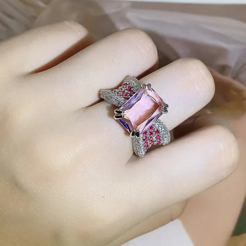 Four-claw Pink Gemstone Ring Women party birthday Jewelry