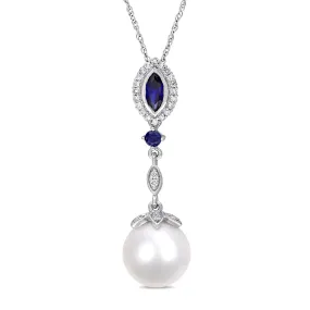 Freshwater Cultured Pearl, Created Blue Sapphire, and Diamond Pendant Necklace 1/8ctw