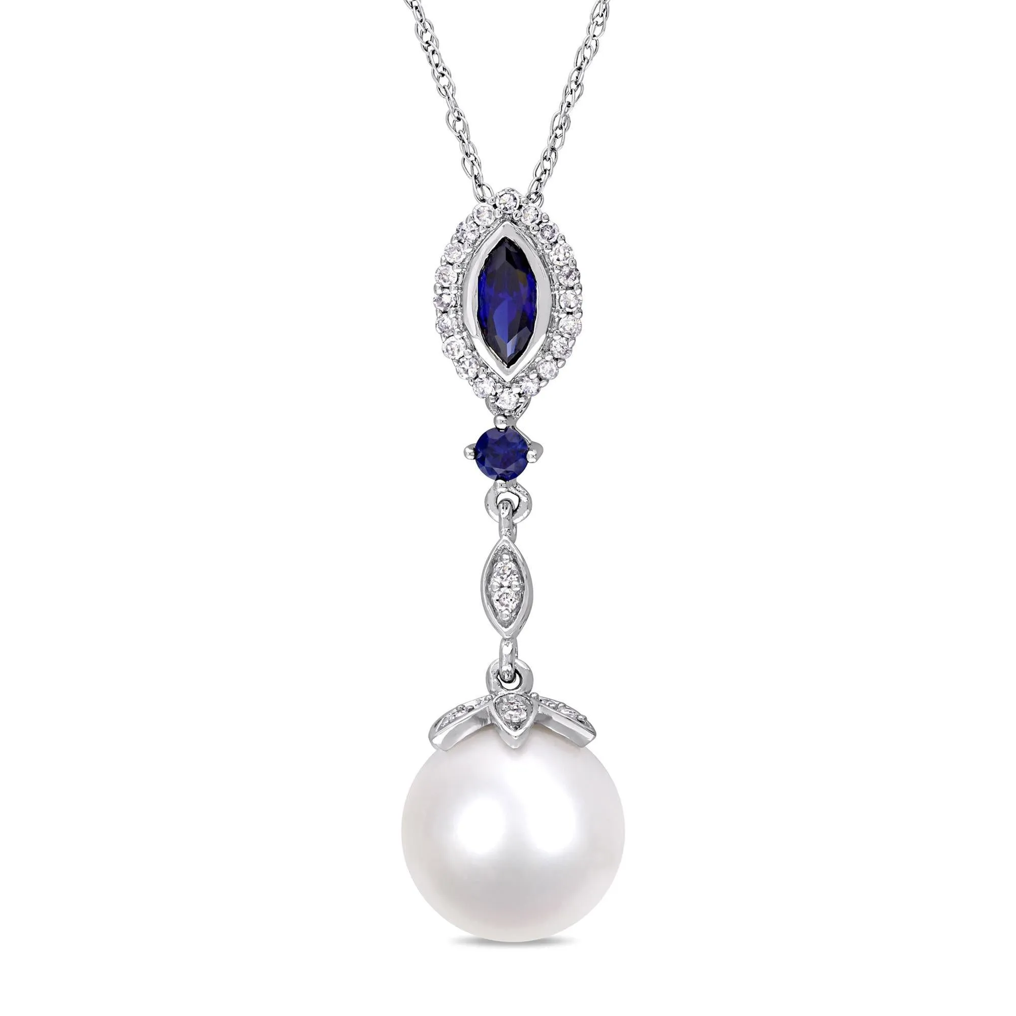 Freshwater Cultured Pearl, Created Blue Sapphire, and Diamond Pendant Necklace 1/8ctw