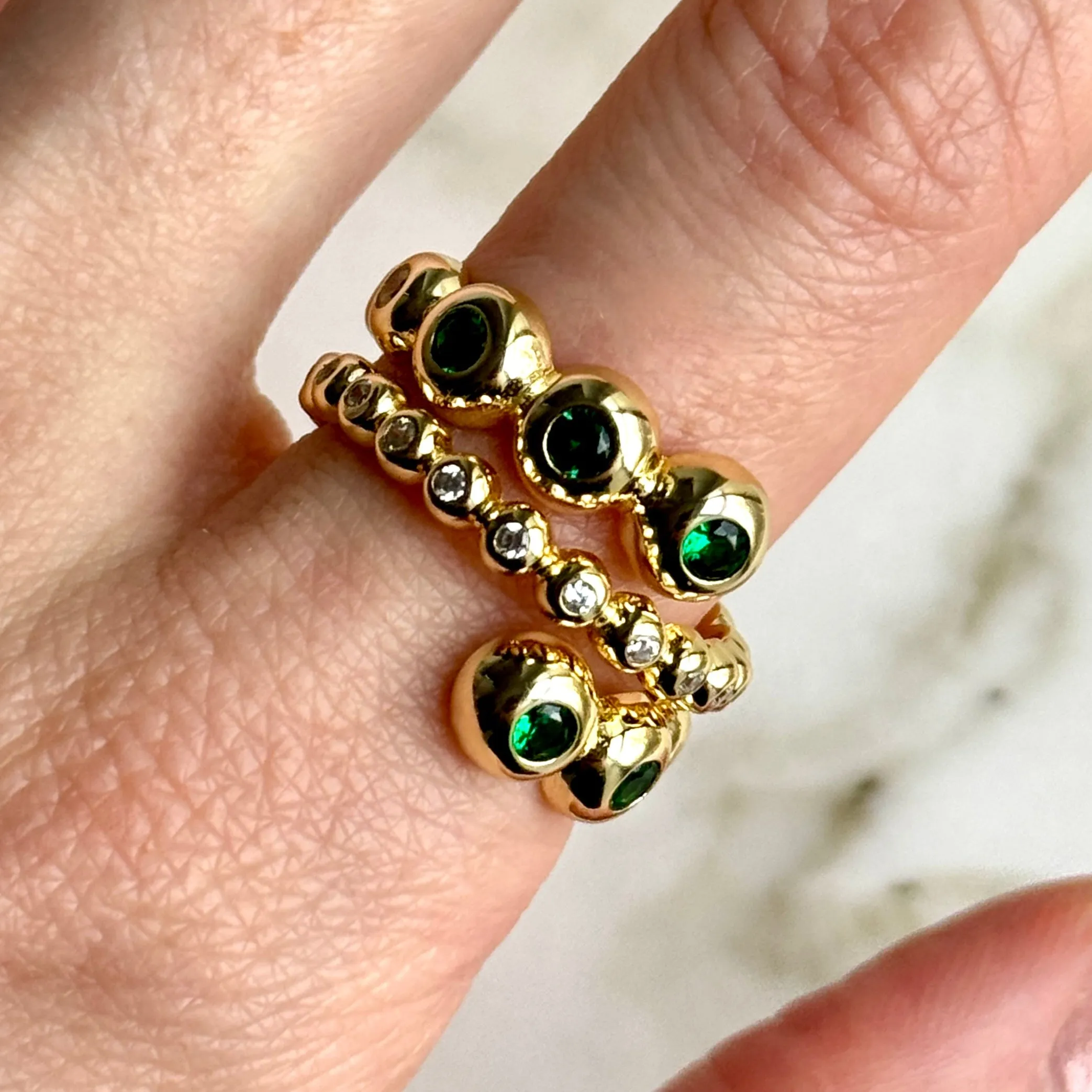 Gilt Sterling Bezel Emerald Crystal Ring Sizes 6 7 8
