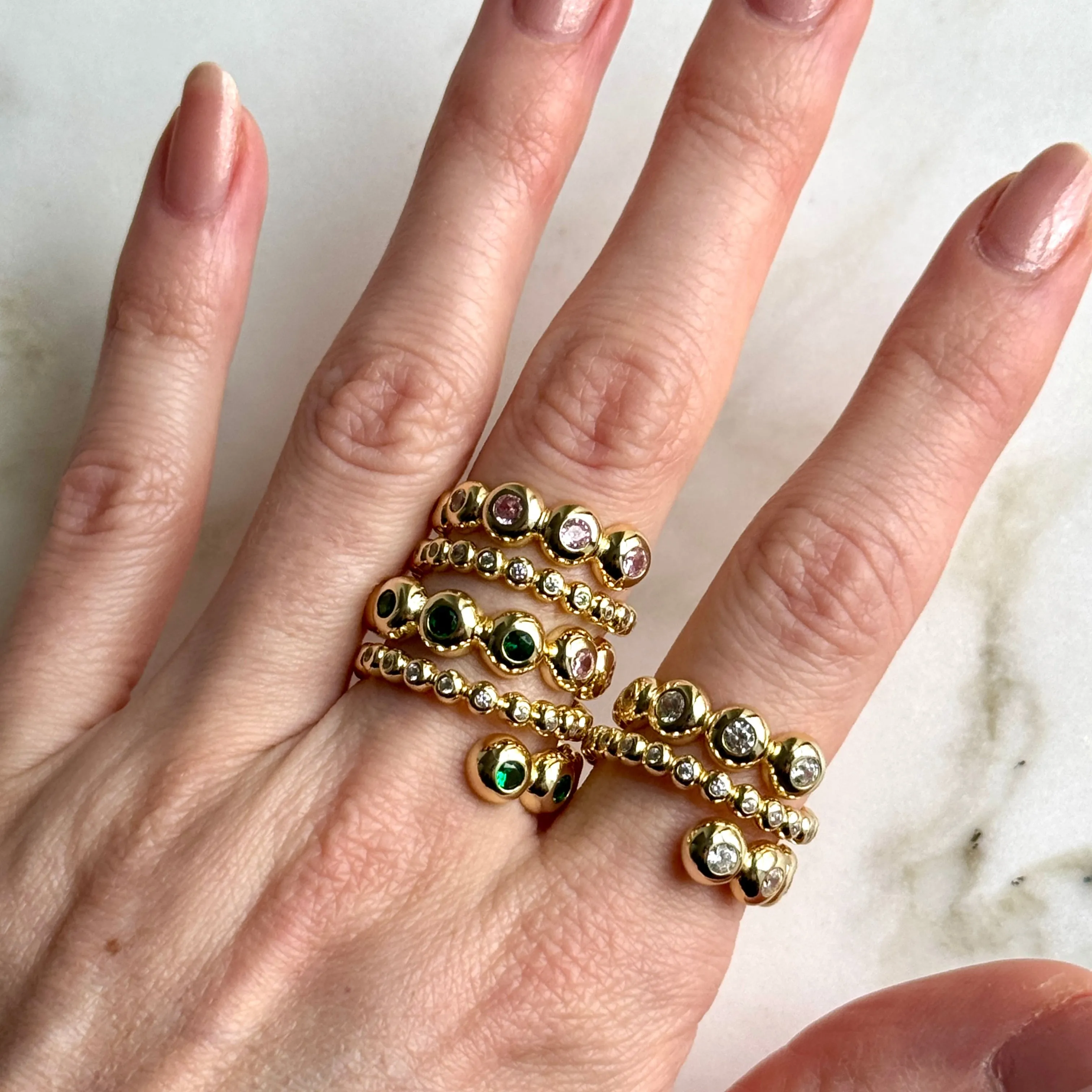 Gilt Sterling Bezel Emerald Crystal Ring Sizes 6 7 8