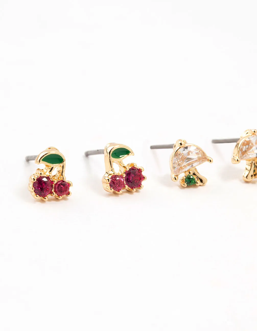 Gold Cubic Zirconia Mixed Fruit Stud Earrings 3-Pack