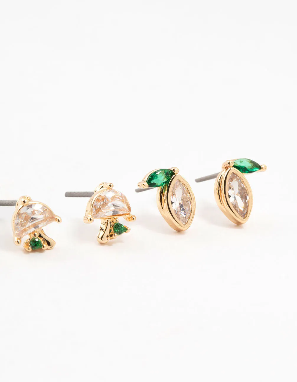 Gold Cubic Zirconia Mixed Fruit Stud Earrings 3-Pack