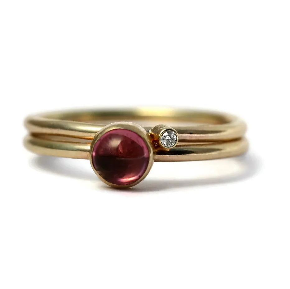 Gold Gemstone and Diamond Duo Stacking Rings - 6mm Gemstone Choice