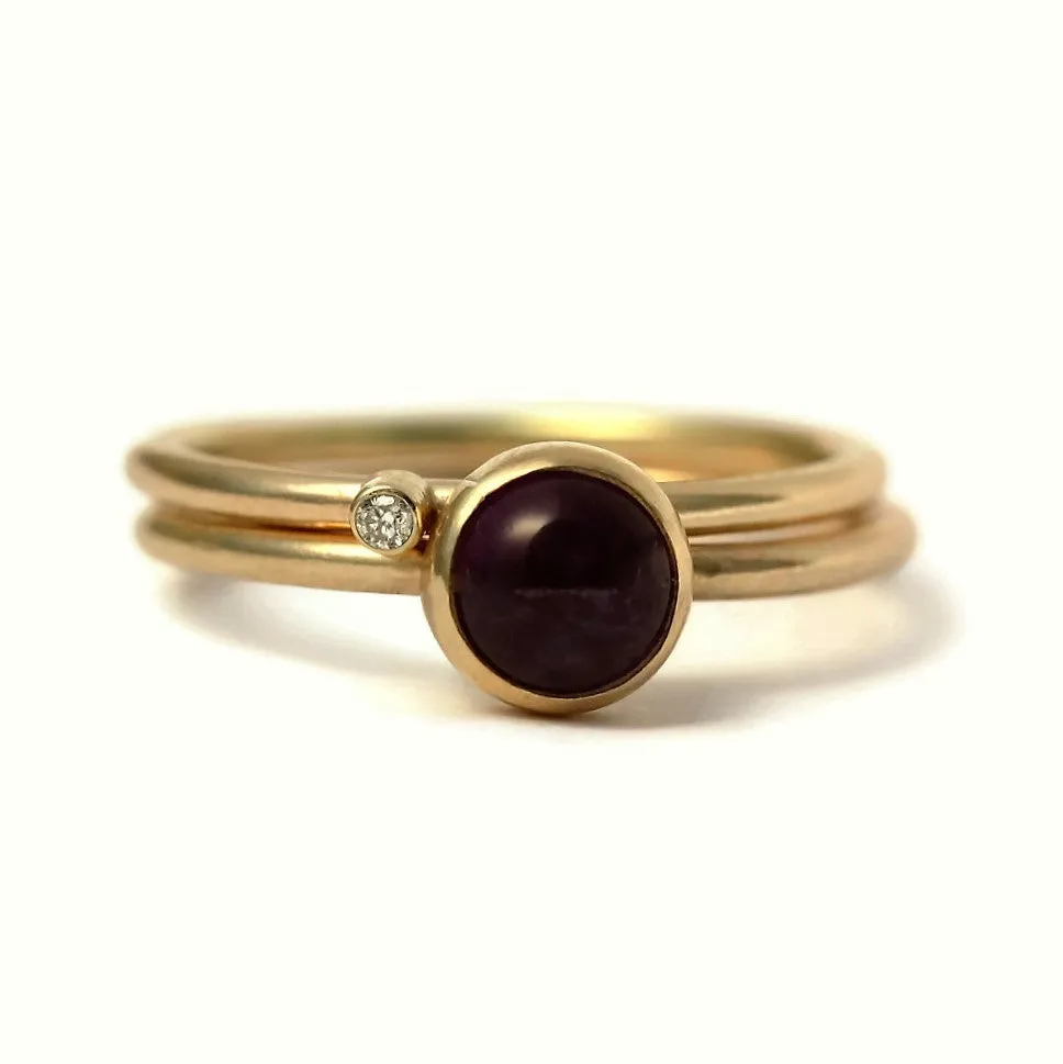 Gold Gemstone and Diamond Duo Stacking Rings - 6mm Gemstone Choice