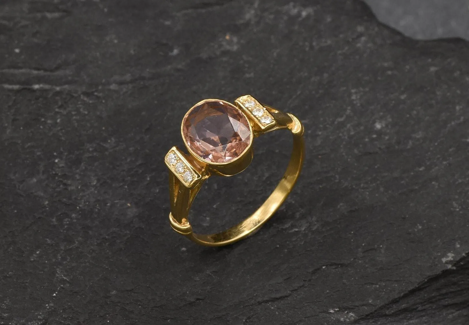 Gold Morganite Ring - Pink Engagement Ring, Pink Diamond Ring