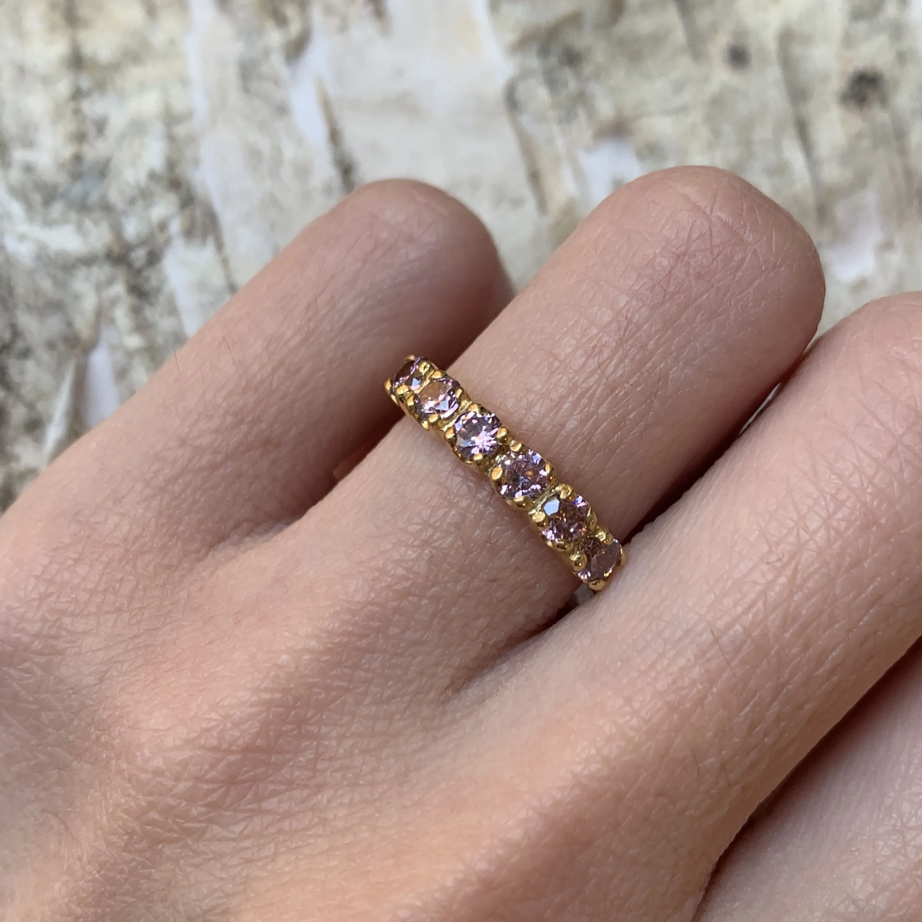 Gold Morganite Ring - Pink Stackable Band - Half Eternity Ring