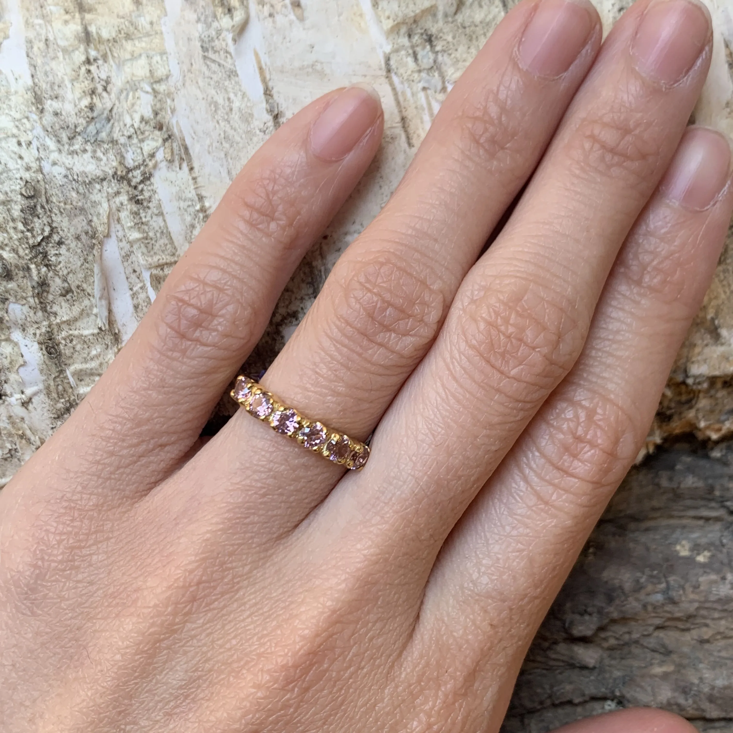 Gold Morganite Ring - Pink Stackable Band - Half Eternity Ring