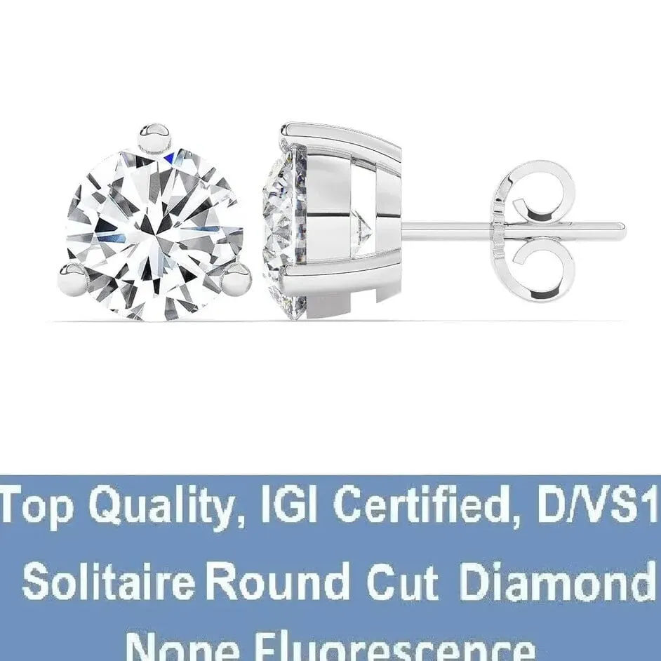 IGI, F/VS1, 3 CT Solitaire Lab-Grown Round Diamond Studs Earring 950 Platinum