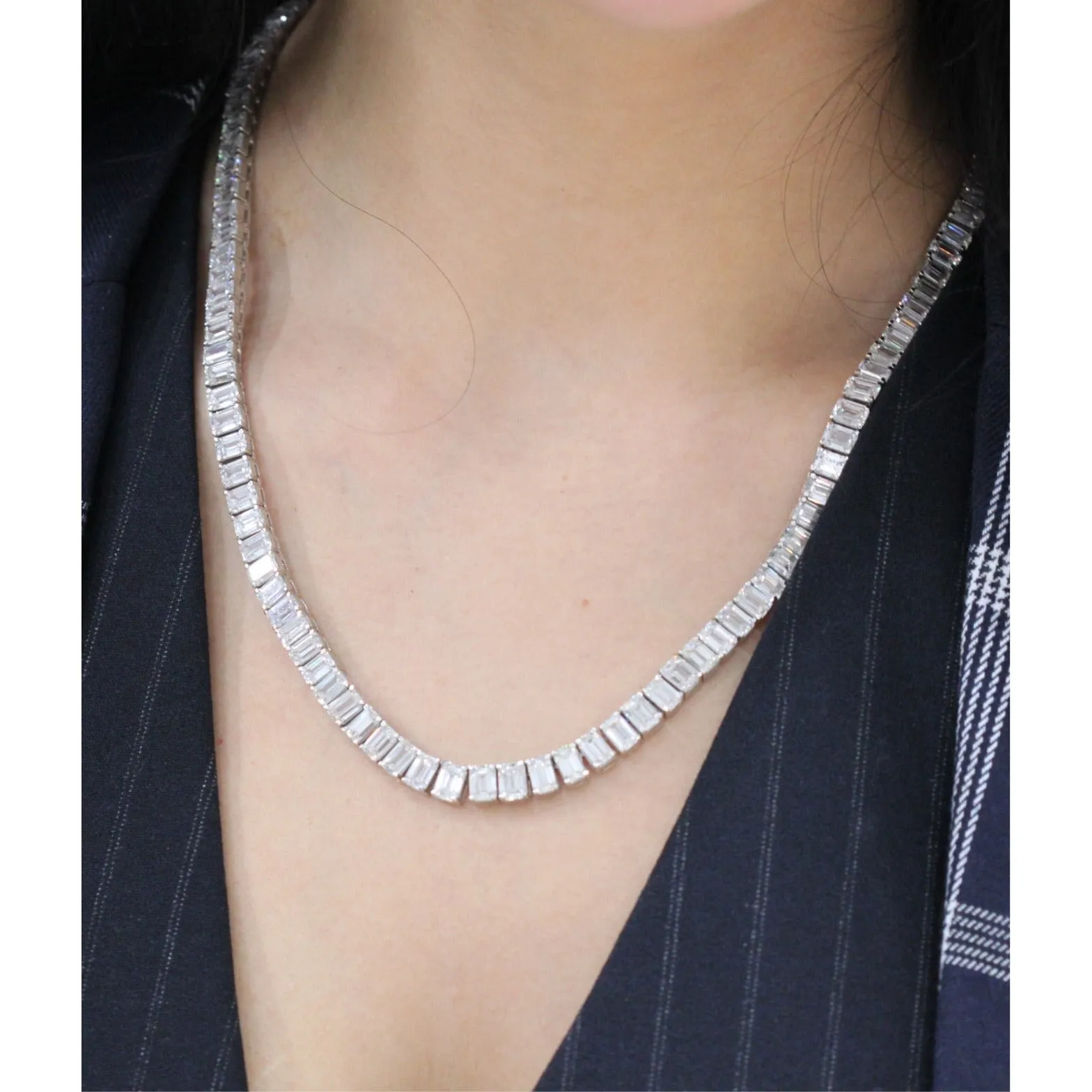 Lauda 62 Carats Emerald Cut Lab Grown Diamond Tennis Necklace in 14k White Gold By Mike Nekta