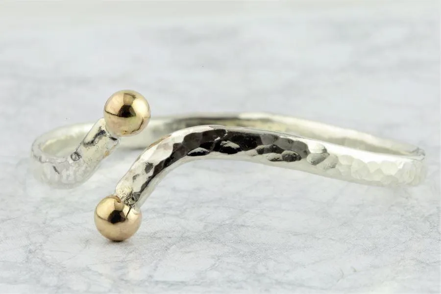 Lavan Hammered Sterling Silver Cuff Bangle with 9ct Gold Beads