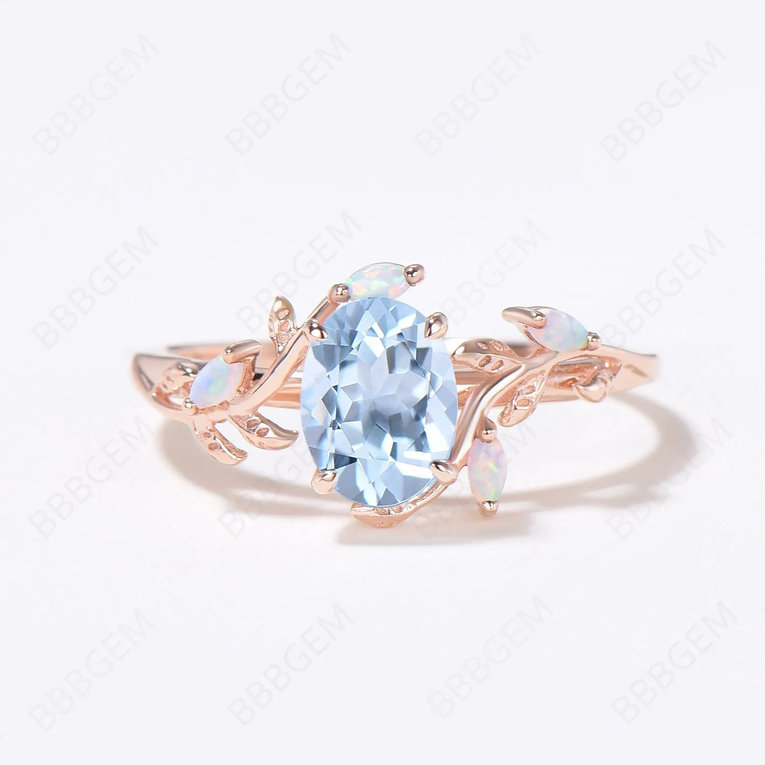 Leaf Branch Natural Aquamarine Engagement Ring Rose Gold Twig Vine March Birthstone Promise Ring Unique Marquise Opal Wedding Ring