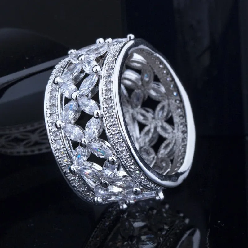 Luxury Big Wheel Wedding Ring 14K White Gold for Women Bridal Jewelry