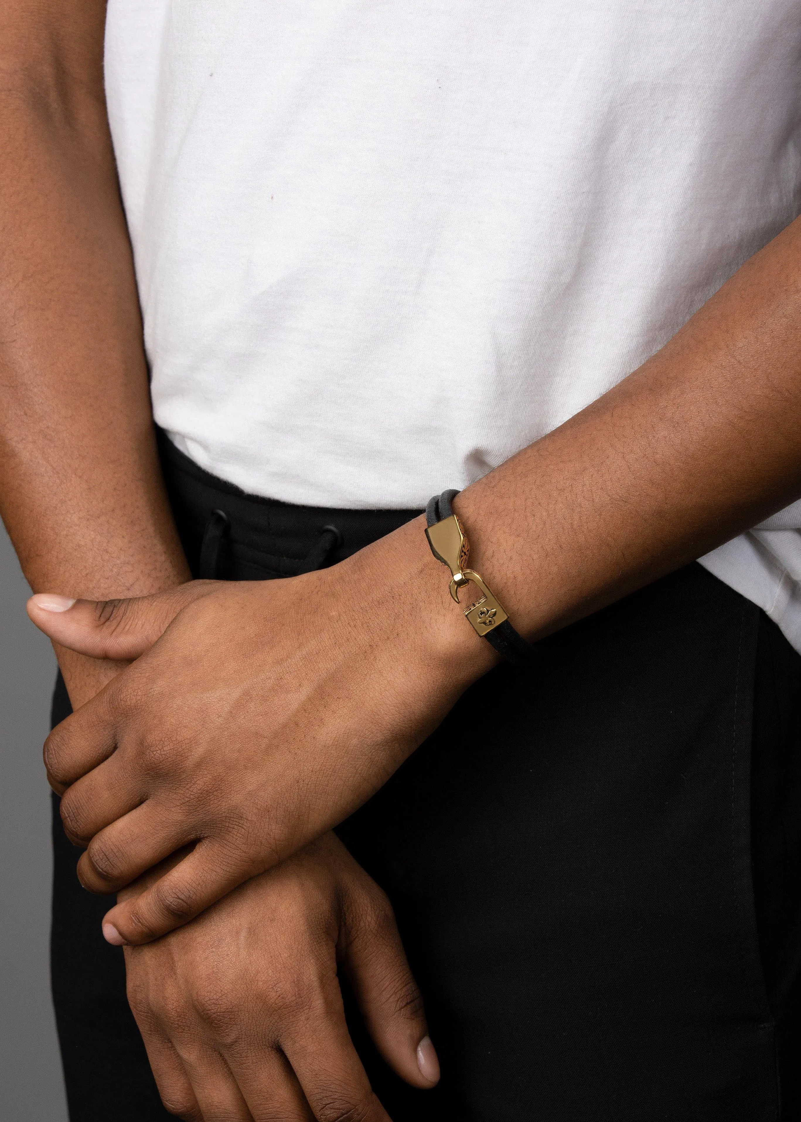 Men's Black Leather Bracelet with Gold Fleur De Lis Lock