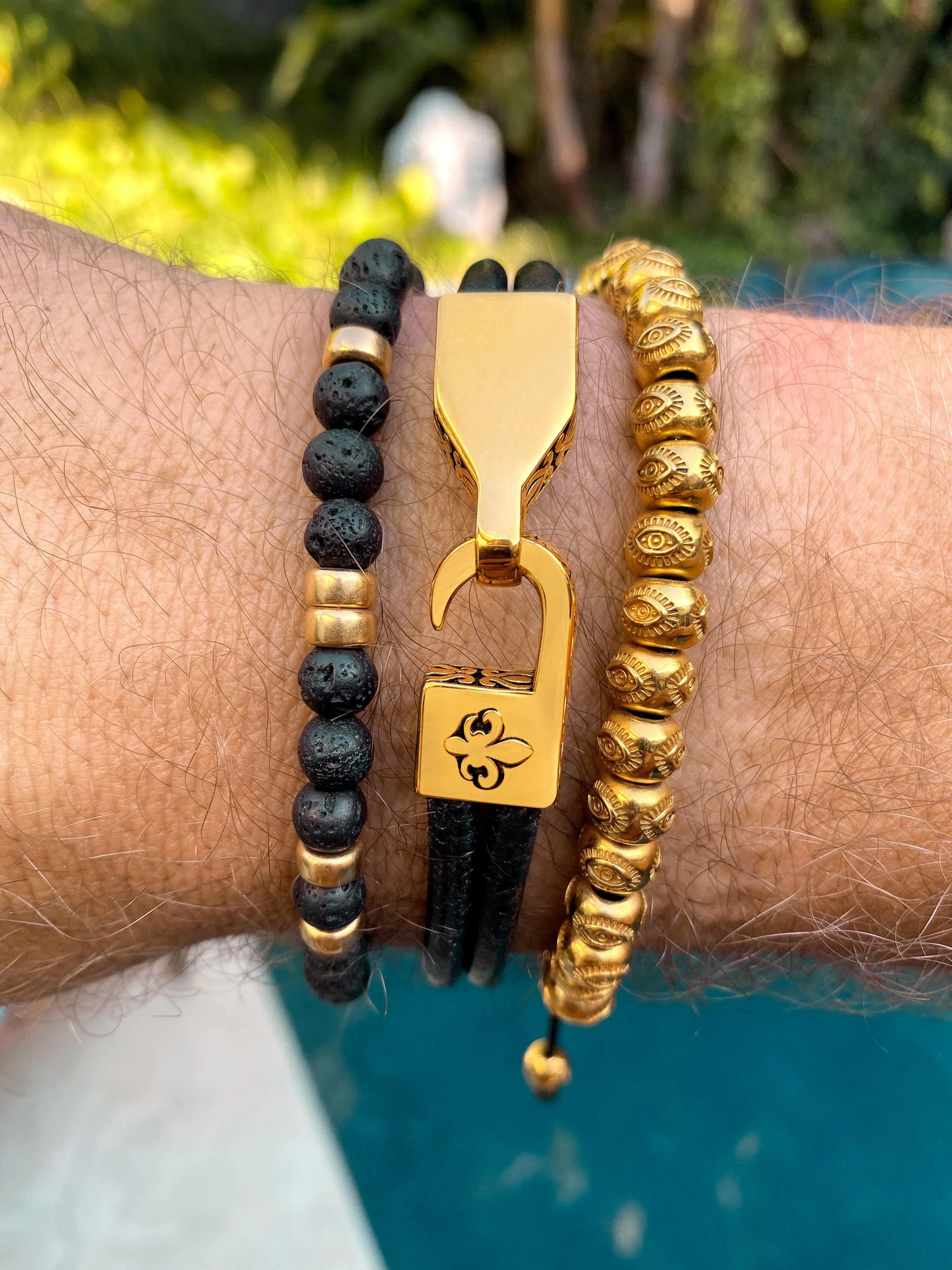 Men's Black Leather Bracelet with Gold Fleur De Lis Lock