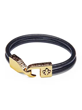 Men's Black Leather Bracelet with Gold Fleur De Lis Lock