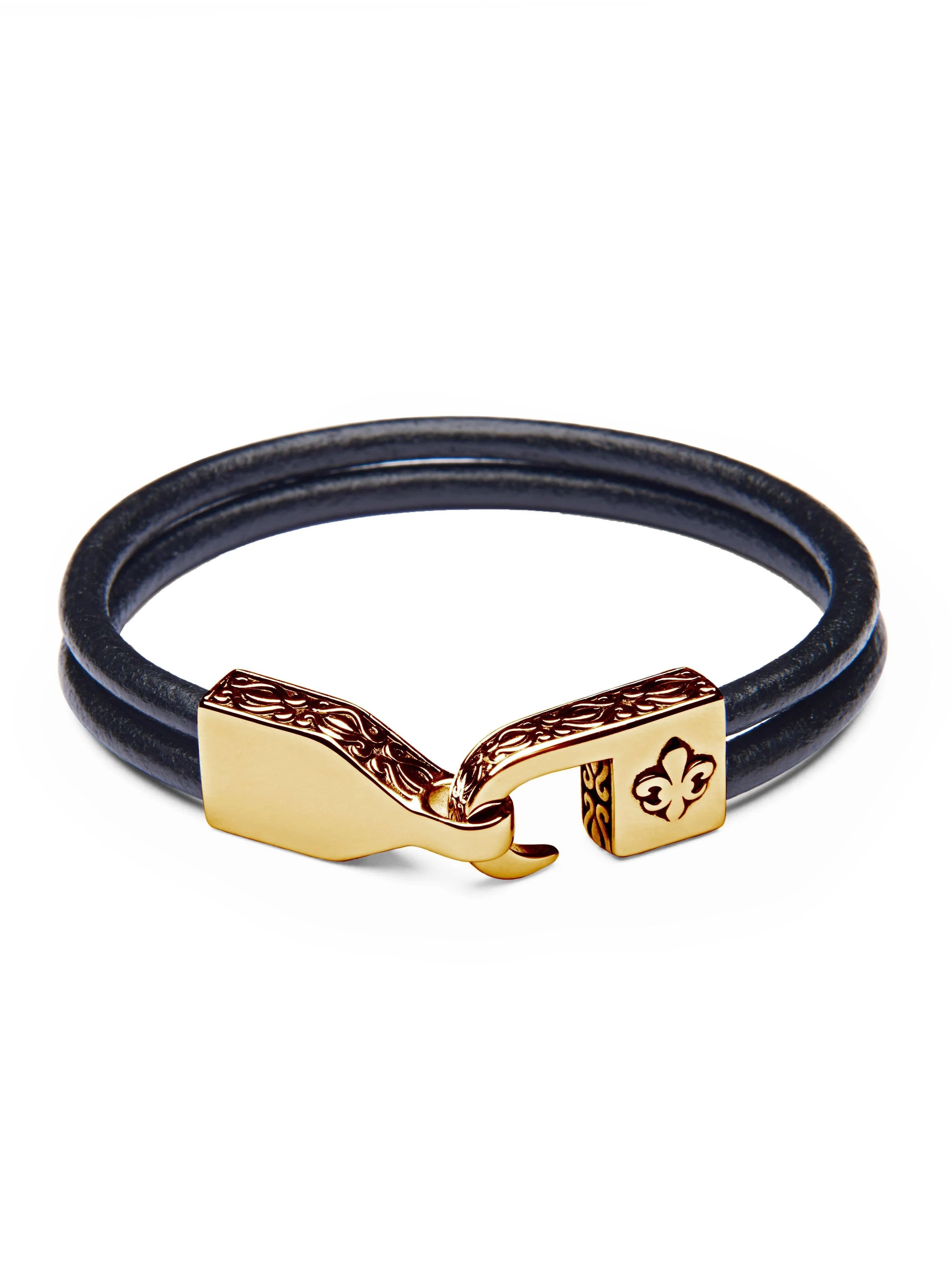 Men's Black Leather Bracelet with Gold Fleur De Lis Lock