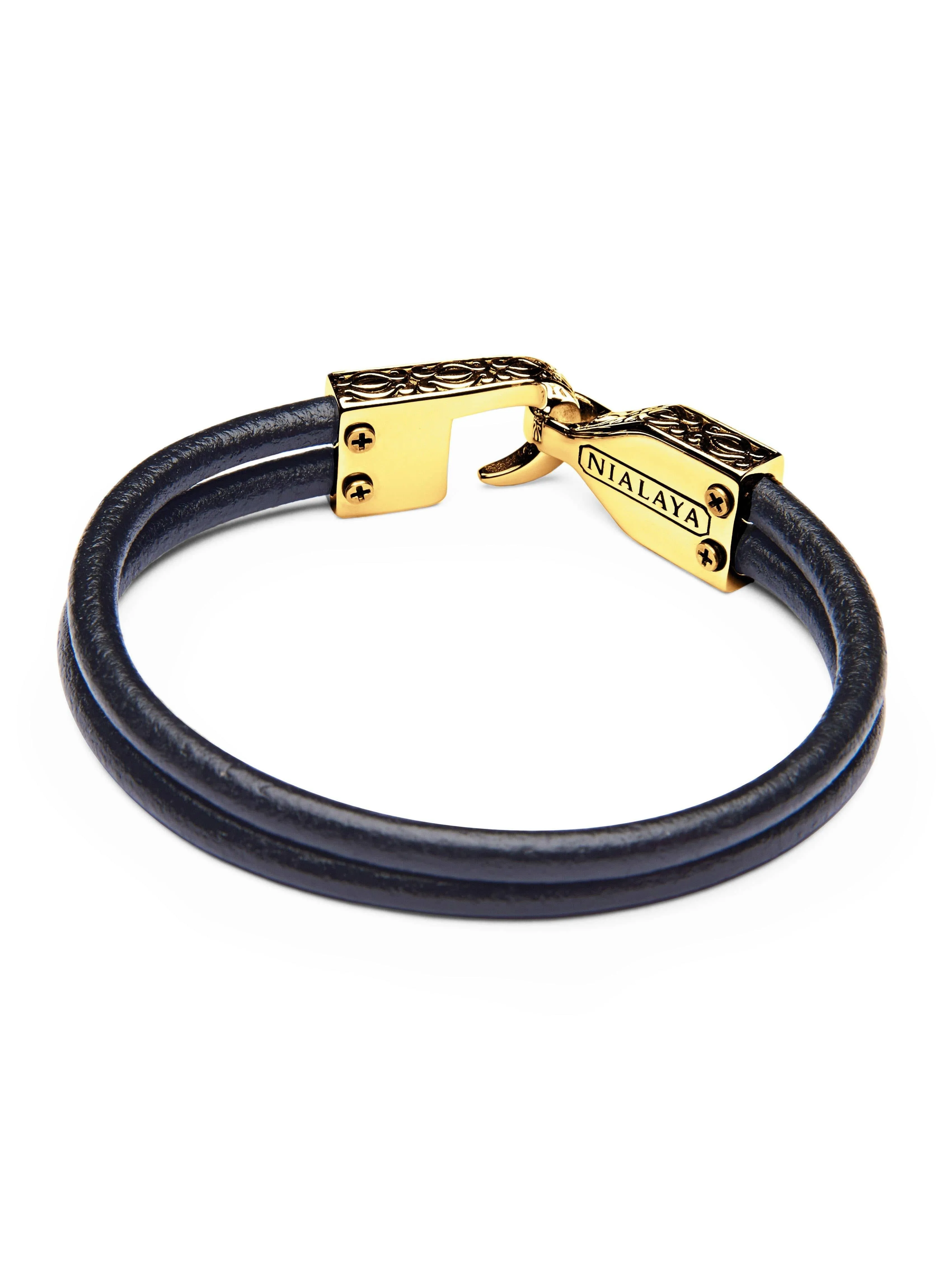 Men's Black Leather Bracelet with Gold Fleur De Lis Lock