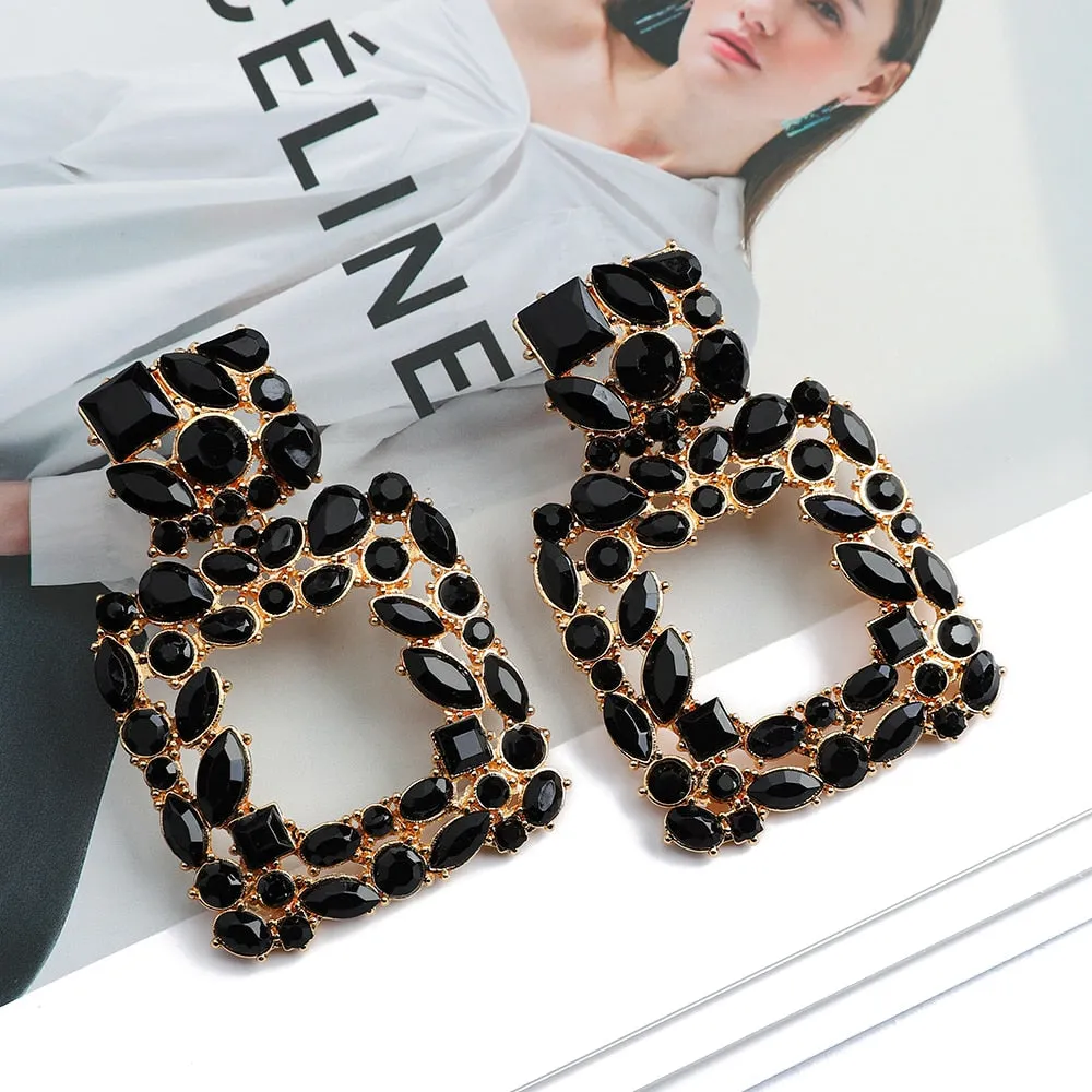Metal Hollow Inlay Colorful Crystal Statement Earrings