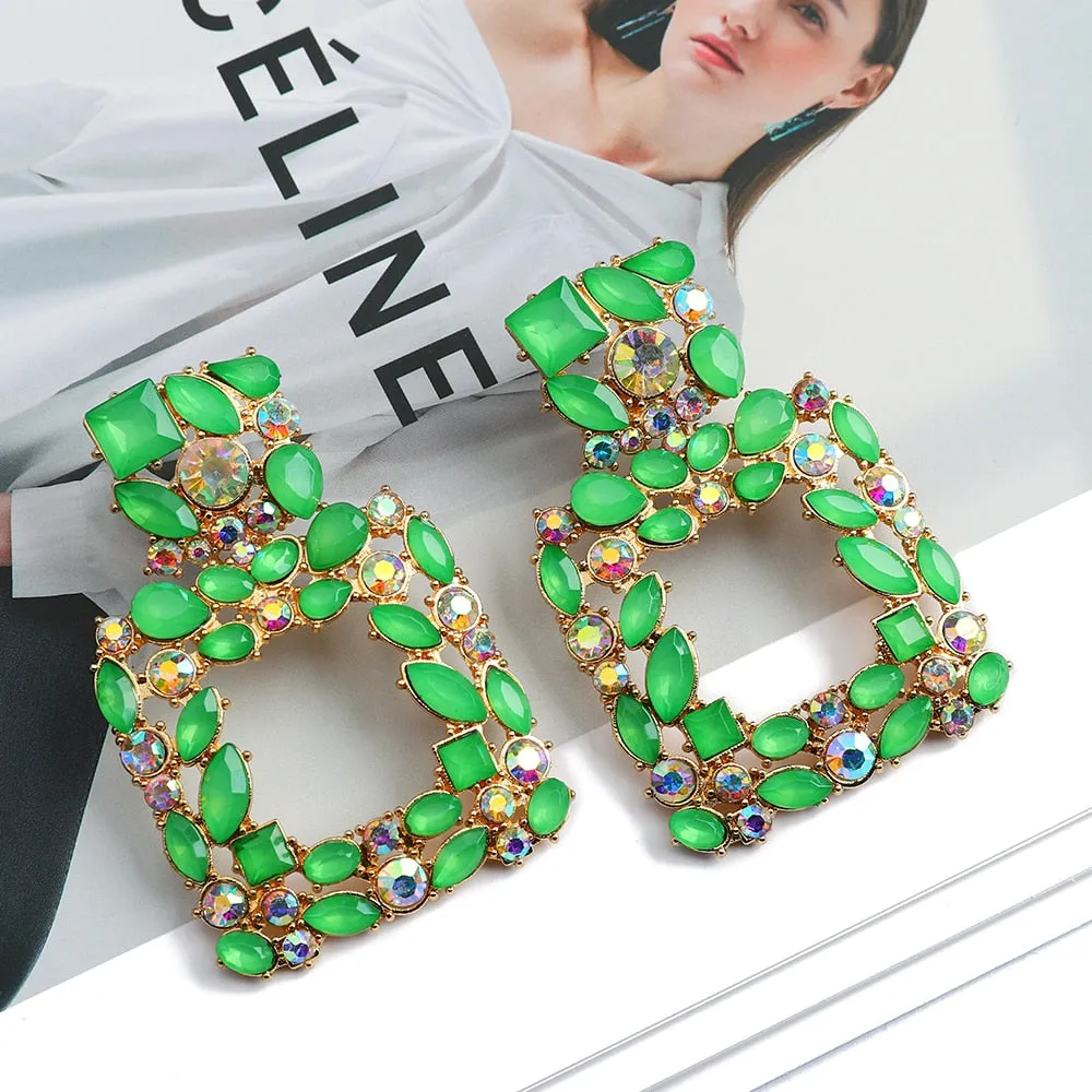 Metal Hollow Inlay Colorful Crystal Statement Earrings