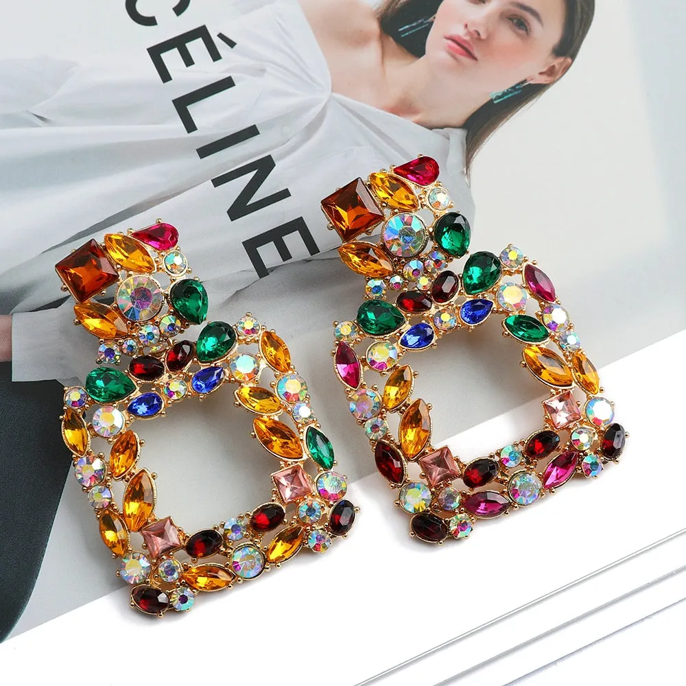Metal Hollow Inlay Colorful Crystal Statement Earrings