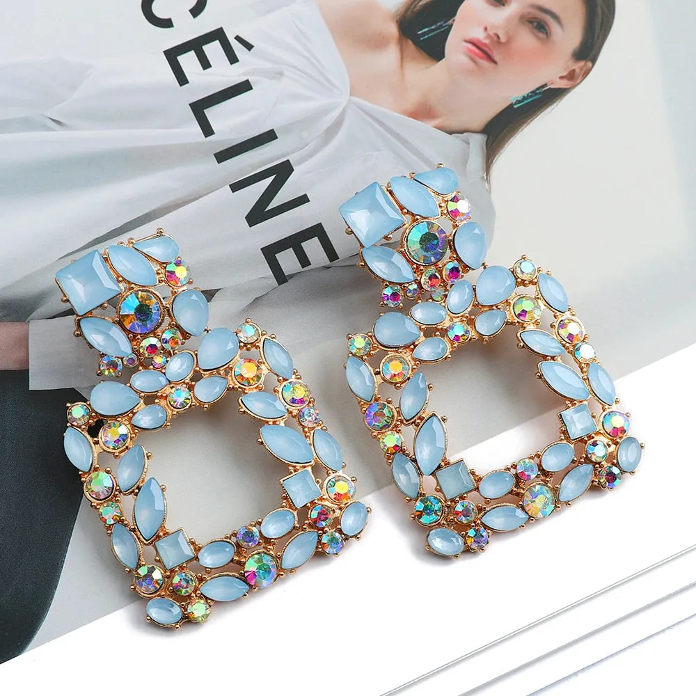 Metal Hollow Inlay Colorful Crystal Statement Earrings