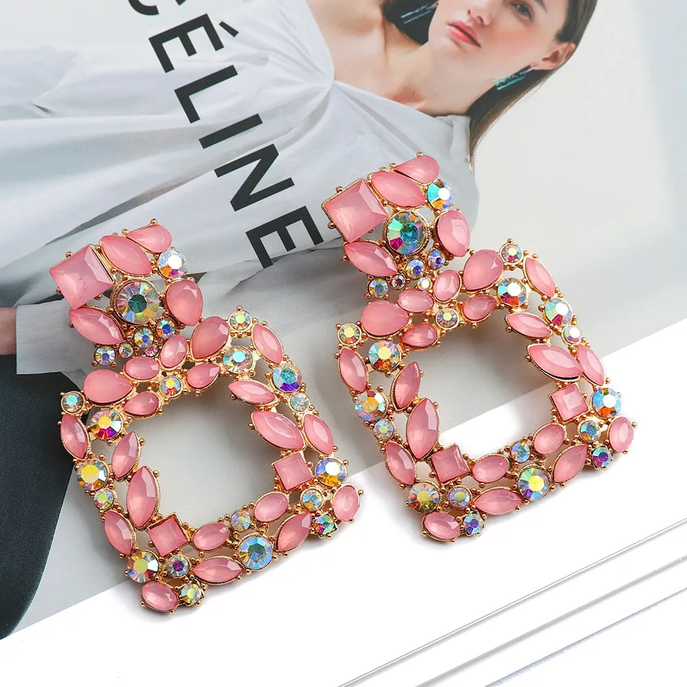 Metal Hollow Inlay Colorful Crystal Statement Earrings