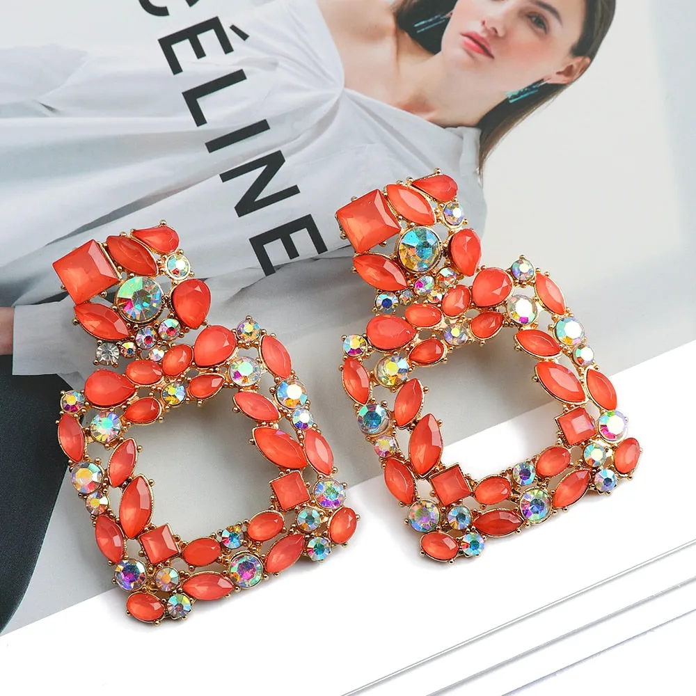 Metal Hollow Inlay Colorful Crystal Statement Earrings