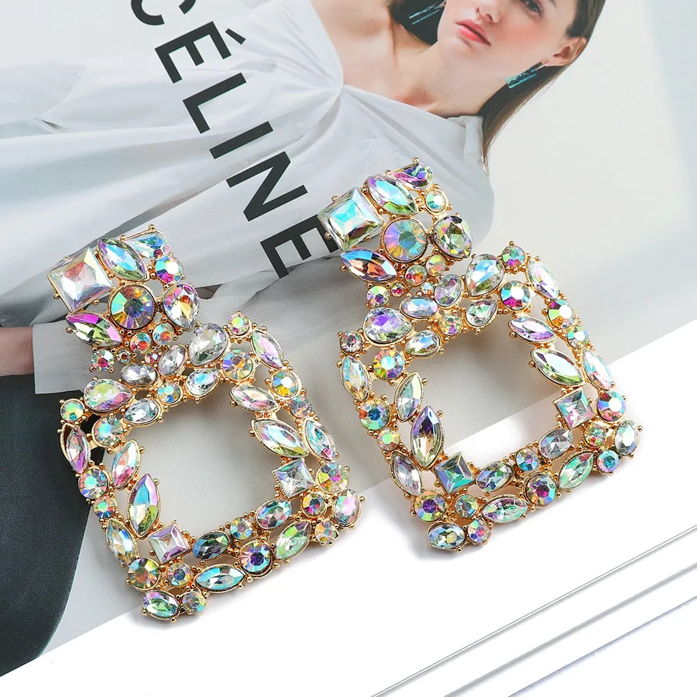 Metal Hollow Inlay Colorful Crystal Statement Earrings