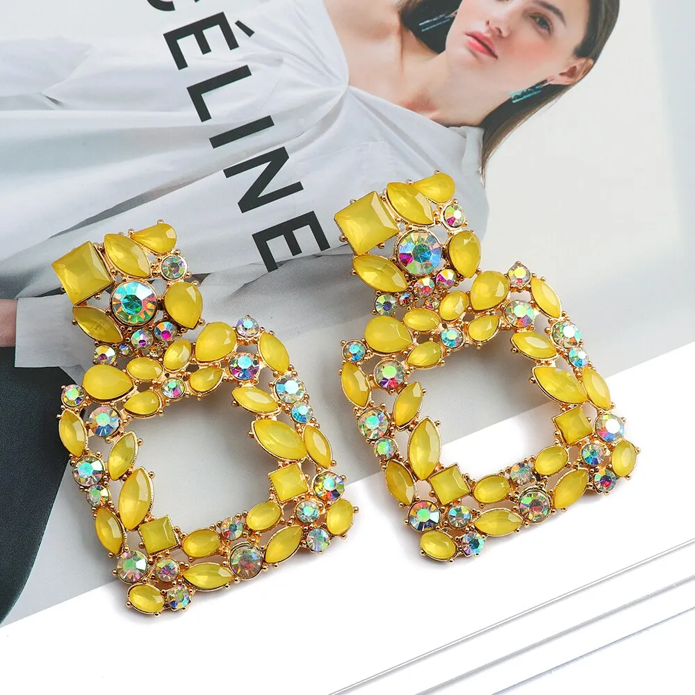 Metal Hollow Inlay Colorful Crystal Statement Earrings