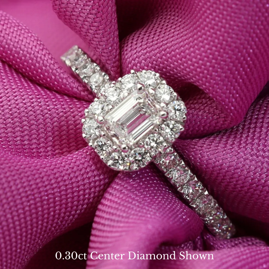 Micropavé Emerald Cut Diamond Halo Engagement Ring