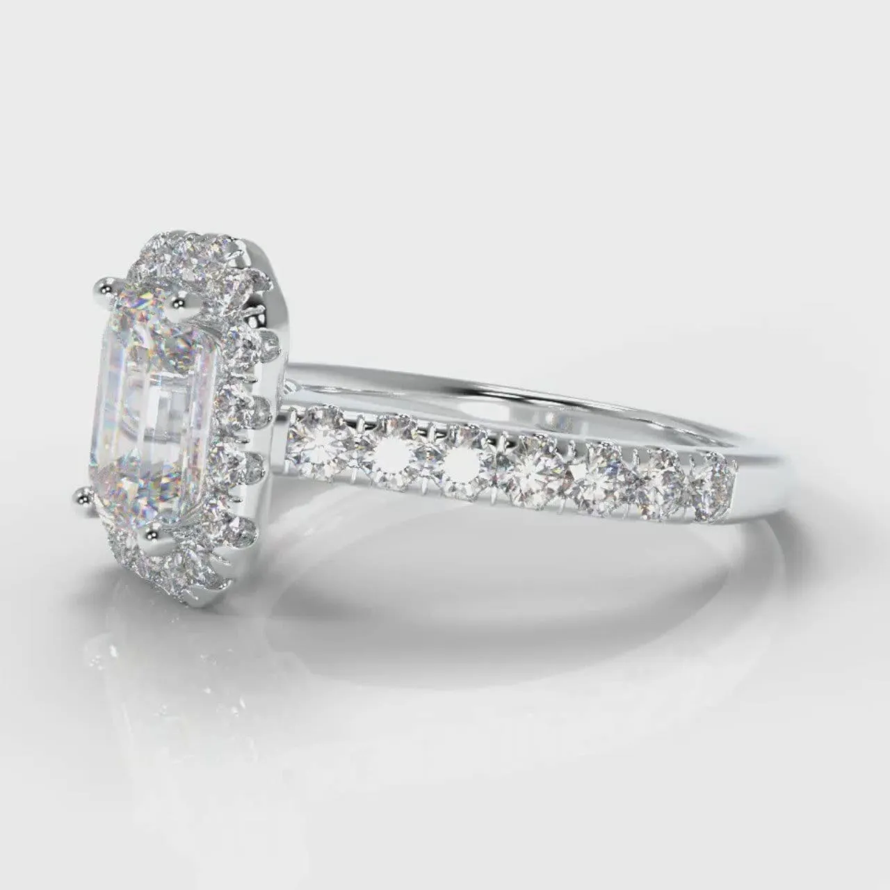 Micropavé Emerald Cut Diamond Halo Engagement Ring
