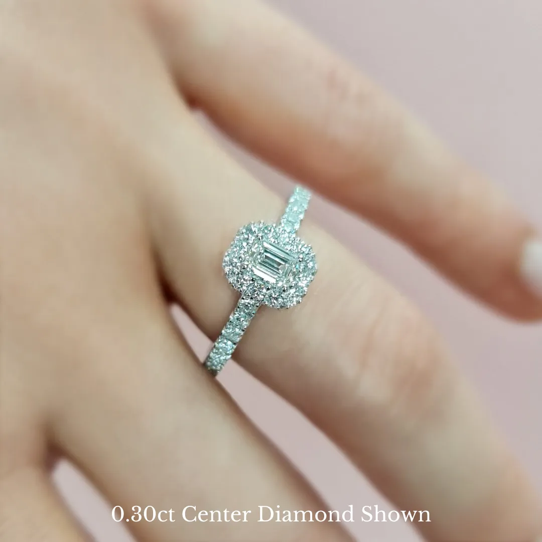 Micropavé Emerald Cut Diamond Halo Engagement Ring