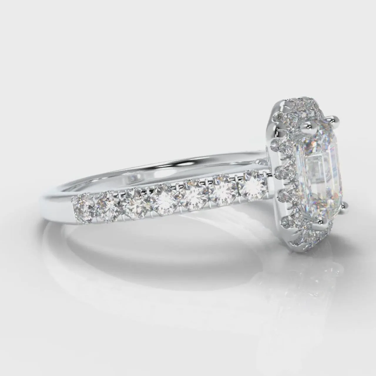 Micropavé Emerald Cut Diamond Halo Engagement Ring