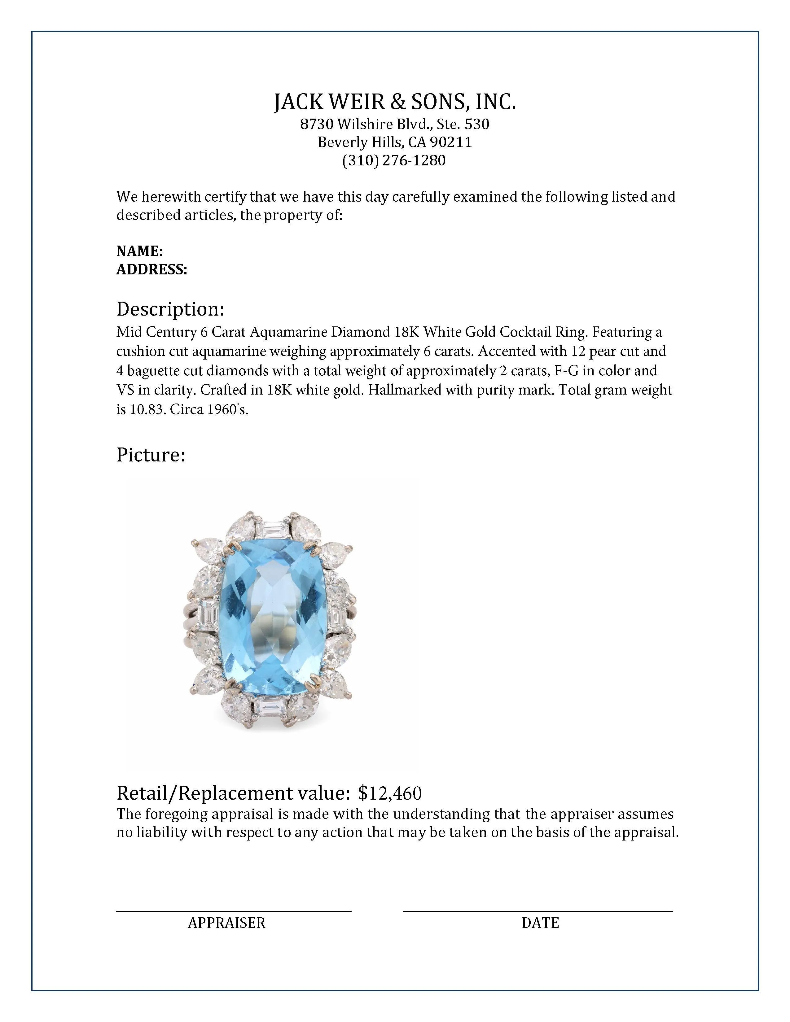 Mid Century 6 Carat Aquamarine Diamond 18K White Gold Cocktail Ring