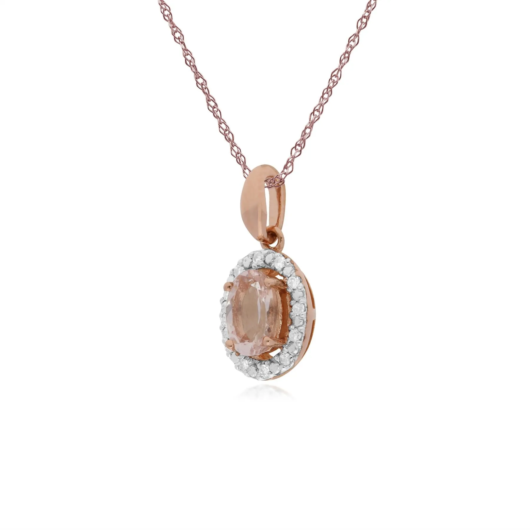 Morganit Halskette, 9 Karat Rosegold Morganit & Diamant Oval Halo Anhänger auf 45cm Kette
