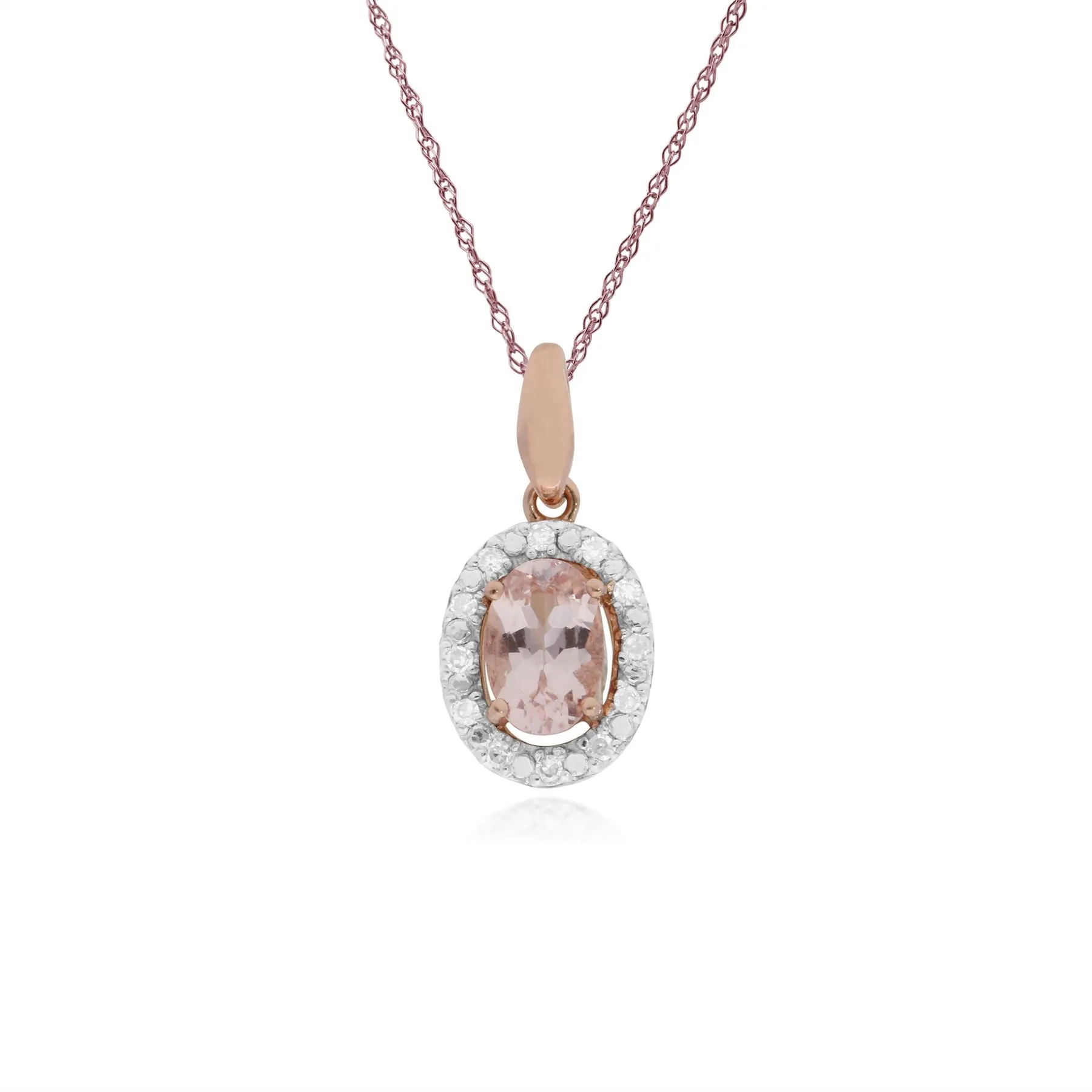 Morganit Halskette, 9 Karat Rosegold Morganit & Diamant Oval Halo Anhänger auf 45cm Kette