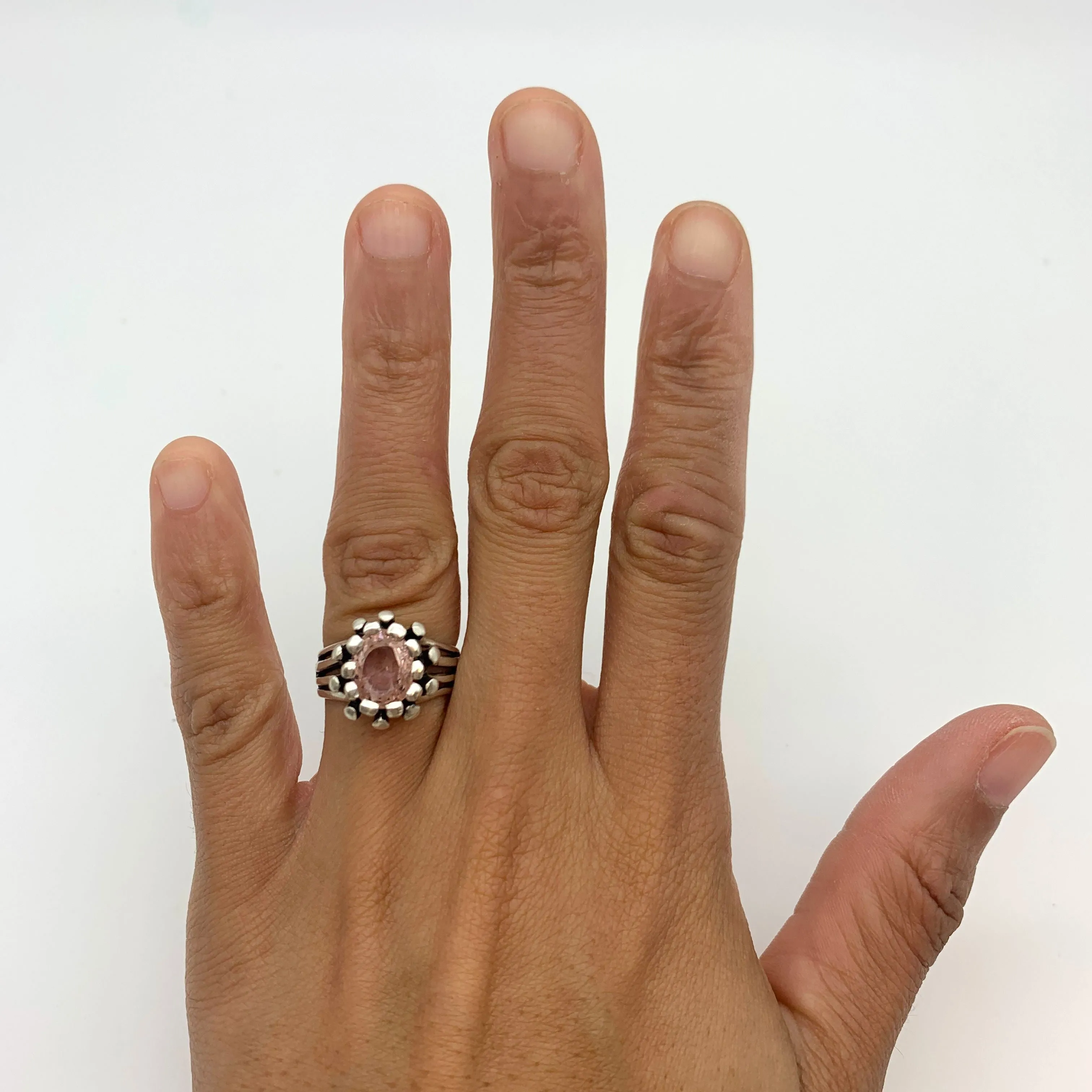 Morganite Silver Ring - Pink Flower Ring - Oval Morganite Ring