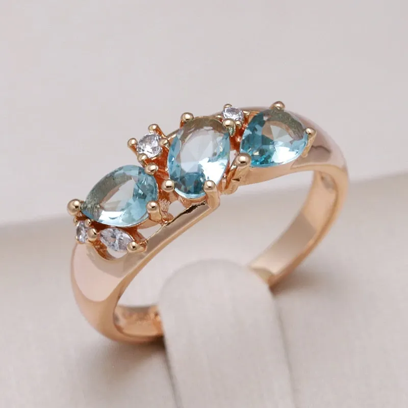 Natural Blue Aquamarine Bride Ring Women 585 Rose Gold Wedding Jewelry