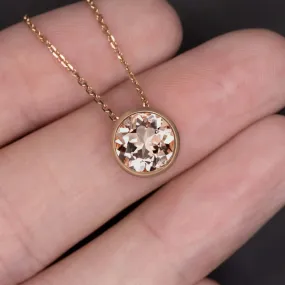 NATURAL MORGANITE PENDANT NECKLACE 8mm ROUND CUT 14k ROSE GOLD BEZEL PEACH PINK